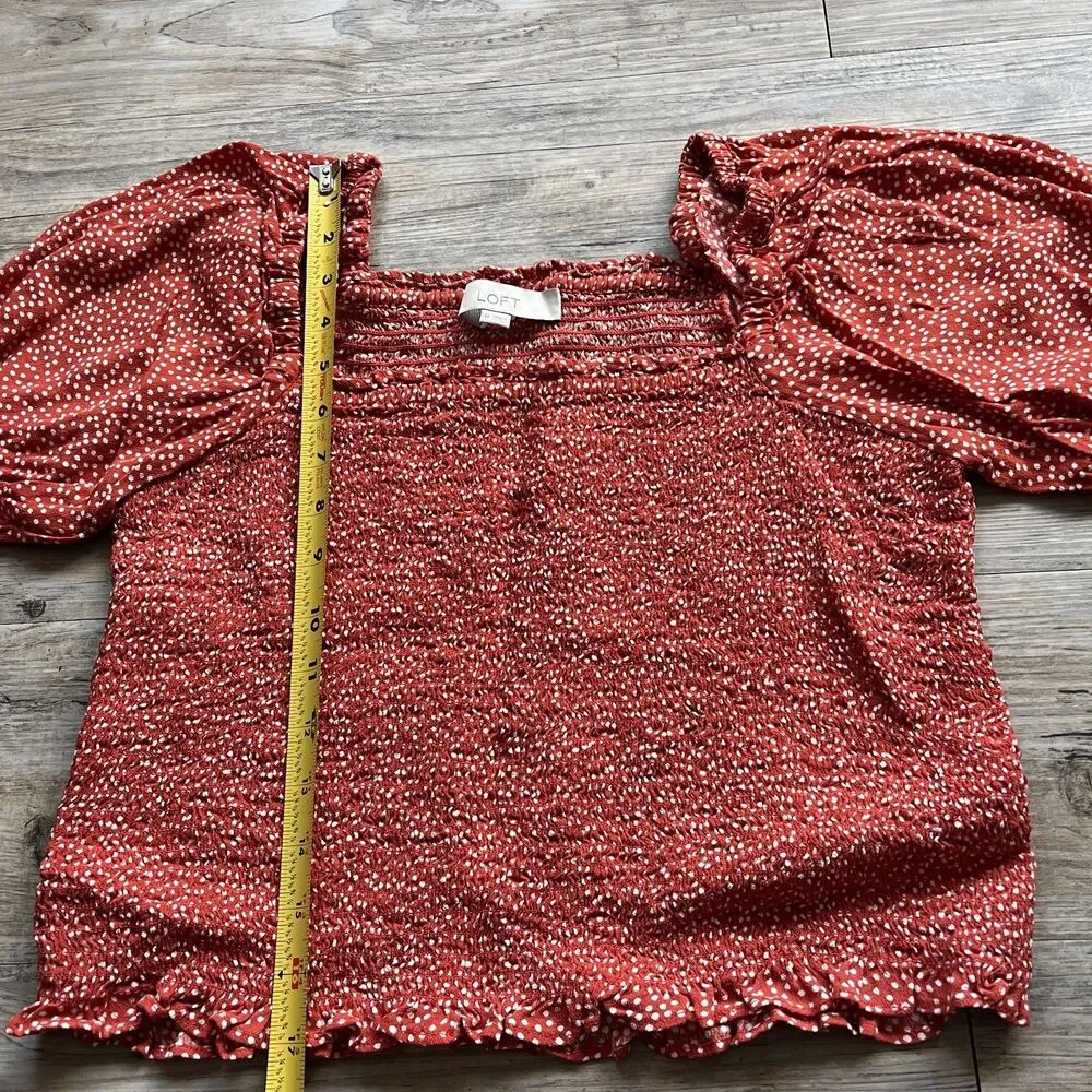 LOFT Puff Sleeve Dotted Smocked Top and Skirt SET Medium Red Orange White
